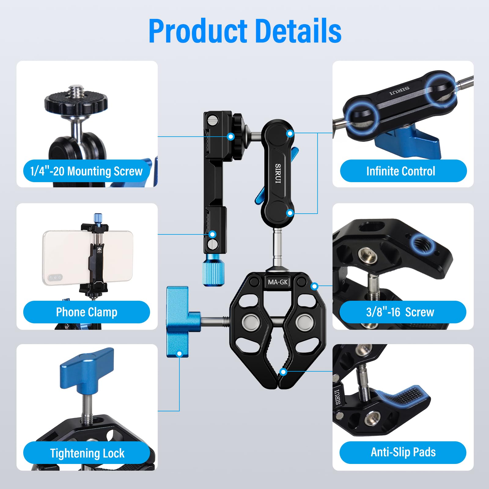 Sirui Articulating Camera Mount Clamp With Phone Holder, Magic Arm Super Clamp With 1/4' 20 Thread And 3/8' 16 Locating Hole For Arri, Ball Head Mount For Camera Monitor And Bicycle, Ma Gk, Black